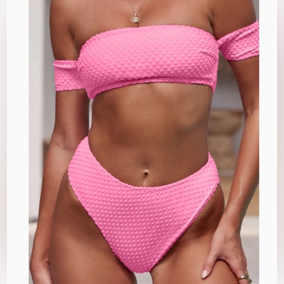 Bright Pink High-Waisted Off-Shoulder Bikini - Picture 2 of 7